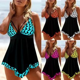 Women's Swimwear Plus Size Split Swimsuit Suspender Skirt Style Halter With Chest Pad Digital Printed Briefs