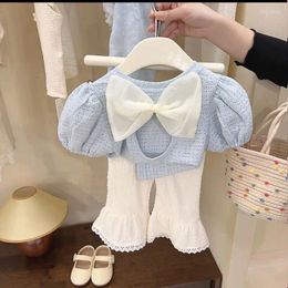 Clothing Sets 2024 Summer Girls Korean Cute With Big Bow Short Sleeved Top And Flare Pants Two Piece Set