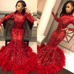 Black Girl Red Long Sleeve Mermaid Prom Dresses High Neck Sequined Lace Appliques Feather Bottom Evening Gowns Formal Party Dress BC132 2082