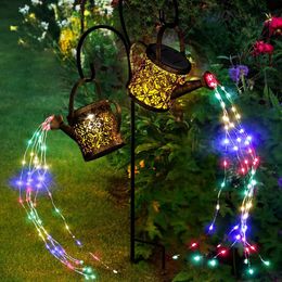 Merear Solar Watering Can Outdoor with 8 Multi-color Changing Modes, IP65 Waterproof Landscape Light Garden Decor, One Pole Two Lights Outside Decorations for