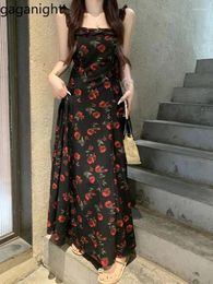 Casual Dresses Gaganight Women Retro Black Rose Printed Chiffon Camisole Dress 2024 Summer Vacation Style Temperament A Line Long