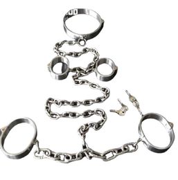 Bondage Collar Wrist Ankle Cuffs Siamese Stainless Steel Heavy Duty Chains Harness Bondage Gear Adult Slave BDSM Set4050408