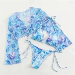 Women's Swimwear Tie Dye Print Bikini Long Sleeve Cover-up Swimsuit Triangle Sexy String Thong 3-Piece Women Vacation Beach Bathing Suit