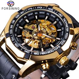 Forsining Waterproof Golden Black Skeleton Clock Two Button Decoration Mechanical Wrist Watches for Men Black Genuine Leather 292K