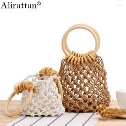 Shoulder Bags Summer Solid Colour Net Pockets Hand Woven Bag Tied Cotton Thread Carrying Seaside Vacation Beach Female