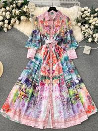 Casual Dresses Spring Summer Holiday Gorgeous Flower Chiffon Women's Stand Long Lantern Sleeve Belt Floral Print Loose Robe Vestidos