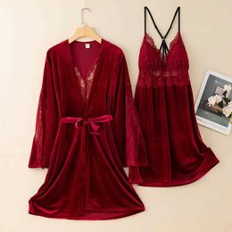 Women's Robe Sleepwear Velour Women Nighty Robe Set Sexy Patchwork Lace Kimono Bathrobe Nightgown Autumn Winter Nightdress Loose Homewear