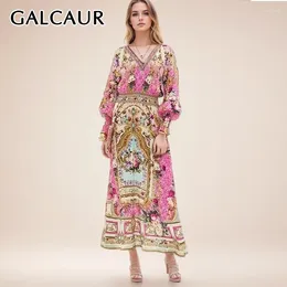 Casual Dresses GALCAUR Vintage Printing For Women V Neck Long Sleeve High Waist Elegant Fashion Colorblock Maxi Dress Female 2024