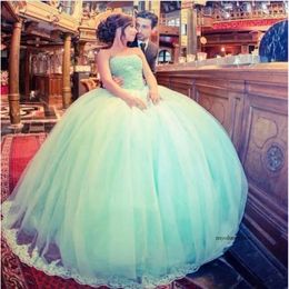 Mint Green Ball Gown Formal Evening Gowns Arabic Strapless Beaded Quinceanera For Juniors Puffy Tulle Sweet 16 Dresses Prom Dresses 0510