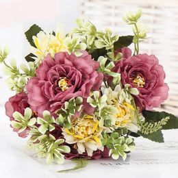 Decorative Flowers Vintage Camellia Artificial Peony Rose Flower 7 Head Silk Fake For Valentine's Wedding Party DIY Bouquet Home Decoration
