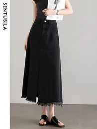 Skirts SENTUBILA Black Split A-line Denim Skirt For Woman 2024 Spring Casual Loose Asymmetrical Jean Midi Female W33Q50640