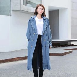 Women's Trench Coats Blue Spring Autumn Women Fashion Denim Coat Double Breasted Lace-up Long Jean Jacket Vintage Solid Colour Outwear