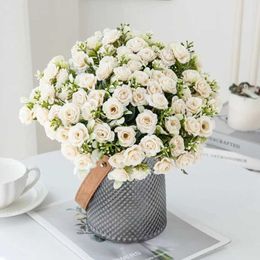 Decorative Flowers Wreaths 15 Head 5 Fork Silk Rose For Wedding bridal Bouquet Christmas Wreath Vase Decoration Home bonsai DIY Scrapbook Artificial Flower