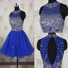 Royal Blue Formal Prom Dress Pleated Mini Evening Gowns Short Evening Dresses With Beaded Sequins Crew Collar Knee Length Dress 3202