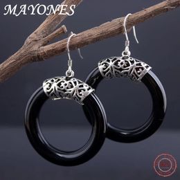 Dangle Earrings 925 Sterling Silver Jewellery 2024 Retro Thai Large Circle Black Agate Women's Personalised