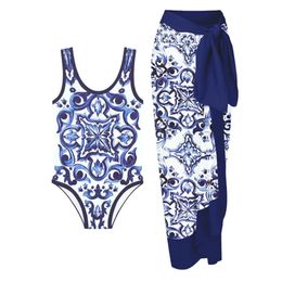 Women Swimsuit Skirt Blue Holiday Beachwear Vintage Swimwear Female Retro Designer Bathing Suit Surf Wear Summer 240506