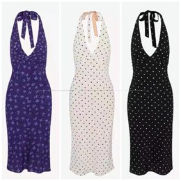 Casual Dresses Women Halter Deep V Neck Sleeveless Retro Dot Print Slim Sexy Backless Silk Dress