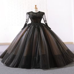 Black Ball Gown Gothic Wedding Dresses 2019 With Long Sleeves Lace Appliques Tulle Floor Length Vintage Bridal Gowns Custom Made 315V