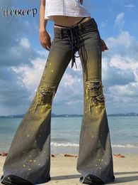 Women's Jeans Weekeep Distressed Y2k Streetwear Loose Bandage Low Rise Women Flared Denim Pants Vintage 2000s Grunge Mom Harajuku