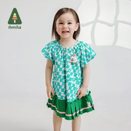 Girl Dresses Amila 2024 Summer Girls Floral Dress Blue Puffed Sleeves Sweet Cute Breathable Kids Clothing 0-6Y