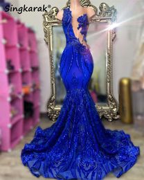 Sparkly Royal Blue Diamonds Mermaid Prom Glitter Sequins Bead Crystal Rhinestones special Birthday Party Dress