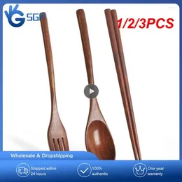 Dinnerware Sets 1/2/3PCS Korean Wooden Tableware Fork Spoon Chopsticks 3-piece Set Solid Wood Long Handle Portable