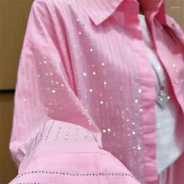 Women's Blouses Luxury Style Sparking Diamonds Shirts And For Women Spring 2024 Single Breasted Pink Loose Mid-length Tops Blusas