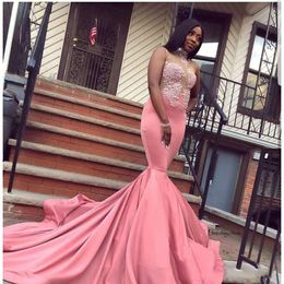 African Lace Mermaid Pink Prom Black Girl Graduation Dresses Applique Long Evening Party High Neck Pageant Gowns Plus Size 0510