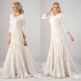 New Mermaid Lace Modest Wedding Dresses With 3 4 Long Sleeves Vintage LDS Muslim Bridal Gowns Sweep Train Buttons Back 276D