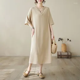Party Dresses 2024 Arrival Japanese Style V-neck Short Sleeve Thin Soft Cotton Loose Summer Dress Robes Fashion Women Travel Casual