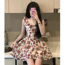 Women's Swimwear Summer French Vintage Floral Halter Dress V-neck Sleeveless A-line Cute Short Birthday Party Camisole Dresses