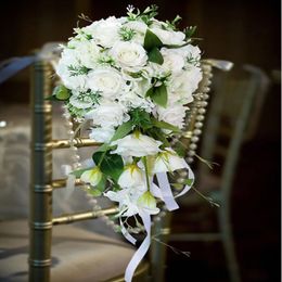Wedding Flowers Waterfall White S Artificial Pearls Crystal Bouquets Bridesmaid Bridal Bouquet Hand De Mariage Rose 250q