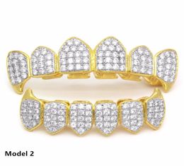 18K Real Gold Punk Hiphop CZ Zircon Poker Letters Vampire Teeth Fang Grillz Diamond Grills Braces Tooth Cap Rapper Jewellery for Cos3602871