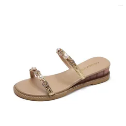 Slippers 2024 Summer Fashion Wedge Heel Ladies Rhinestone Sandals For Women Korean Sweet Flat Woman Slides Shoes
