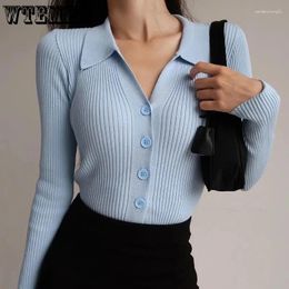 Women's Knits Flip Collar Pit Stripe Knit Cardigan Women Short Top Navel Exposed Sexy V-neck Slim Long Sleeve Sweater American Retro Shirt