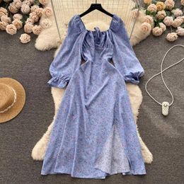 Basic Casual Dresses YuooMuoo French Romantic Flower Print Long Dress for Womens SpringSummer Puff Sleeves Split Party Dress Holiday South Korean Beach VersidosL