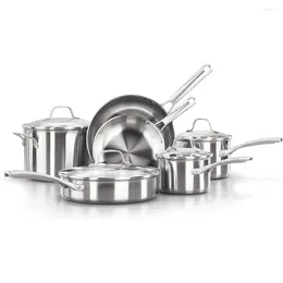Cookware Sets 10-Piece Pots And Pans Set Stainless Steel Kitchen With Stay-Cool Handles Pour Spouts Dishwasher Safe Silver
