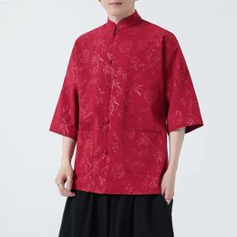 Ethnic Clothing 2024Summer ShortSleeve Loose Stand Collar Shirt Chinese Imitation Bamboo Embossed Craft Men Hanfu Art Top