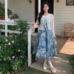 Party Dresses Spring Summer 2024 Vintage Oil Painting Floral Halter Women Seaside Holiday Long Skirt Two-piece Set Dress