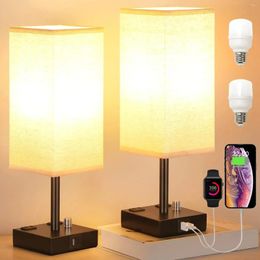 Table Lamps Led Desk Lamp Small Bedside With USB C A Charge Eye Protection Reading Light Fabric Shade Rechargeable Fixture