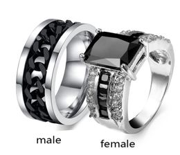 Sz612 TWO RINGS Couple Rings His Hers Agate 10k White Gold Filled Women039s Ring Turnable Black Chain Stainless Steel Mens R3766970