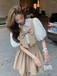 Work Dresses HEYDRESS 2024 Korean Women Puff Sleeve Blouse Suit Summer Dress Bow High Waist Strap Skirt Lapel Bubble Shirt Trend