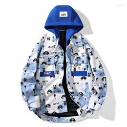 Men's Jackets Full Print For Men Spring Autumn Colour Clash Hooded Coat Chest Pockets Design Y2k Large Size Hip Hop