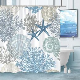 Shower Curtains Starfish Seashell Coral Beach Theme Curtain Nautical Coastal Polyester Fabric Bathroom Decor With Hooks