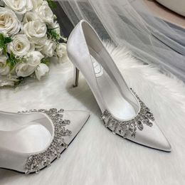 Rhinestone Satin Pointed Toe Pumps Fashion Elegant High Heels Women Stiletto Heel Crystal Shine Wedding Dress Shoes