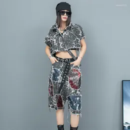 Women's Pants 2PCS Hip Hop Design Clothing Set Leopard Short Denim Suist Female Style Coat Patchwork Sequins Cross-pants Kit