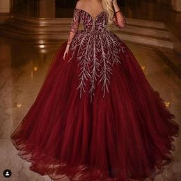 Glamorous Burgundy Ball Gown Evening Dresses Illusion Neck Long Sleeve Beading Sequined Pageant Gowns Tiered Tulle Abriac Evening Gown 209g