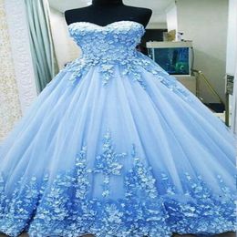 2020 Ball Gown Prom Dresses Sweetheart Appliques Tulle Backless Bandage Light Blue Evening Gowns Quinceanera Dresses Sweet 16 Dresses 211O