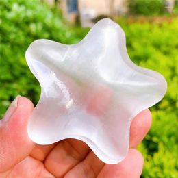 Decorative Figurines 6.5CM Natural Selenite Star Bowl Crystal Carving Reiki Engraving Healing Gemstone Crafts Birthday Present Home Decor