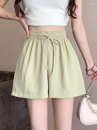 Women's Shorts Women 2024 Summer Fashion Ice Silk Wide-leg Female Solid Color Chiffon Short Pants Ladies High Waist Loose L194